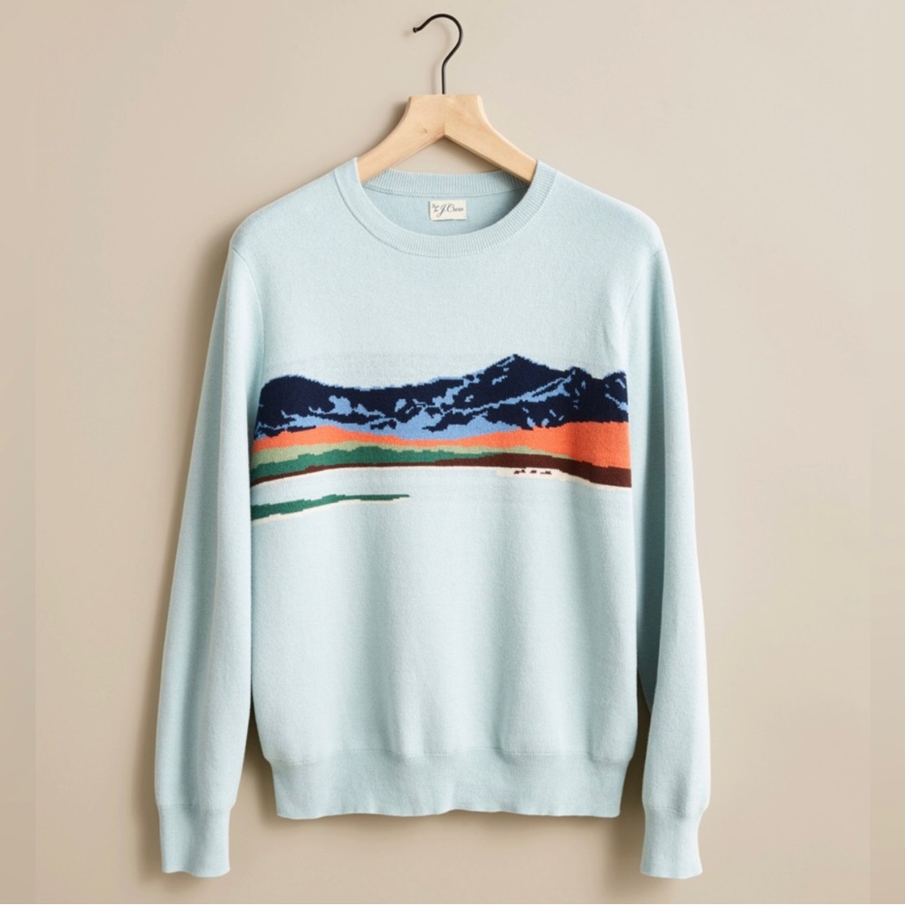 J. Crew Light Blue Landscape Jacquard Crewneck Sweater